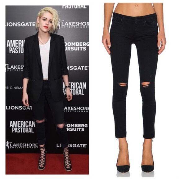 MOTHER Looker Ankle Fray Skinny Jeans Guilty As Sin Black Distressed Womens 28 - Picture 1 of 7